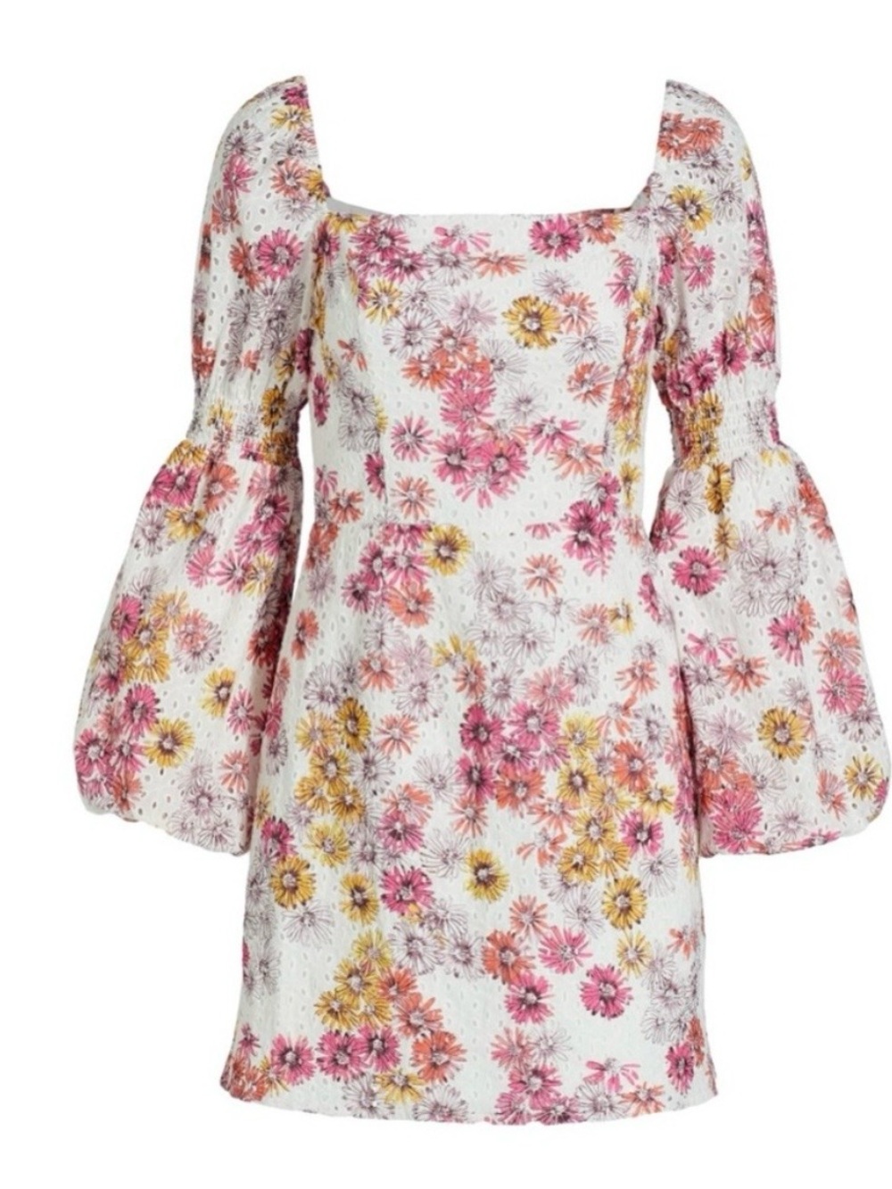 Wayf White Cotton Eyelet Mini Dress with Pink and Yellow Floral Print